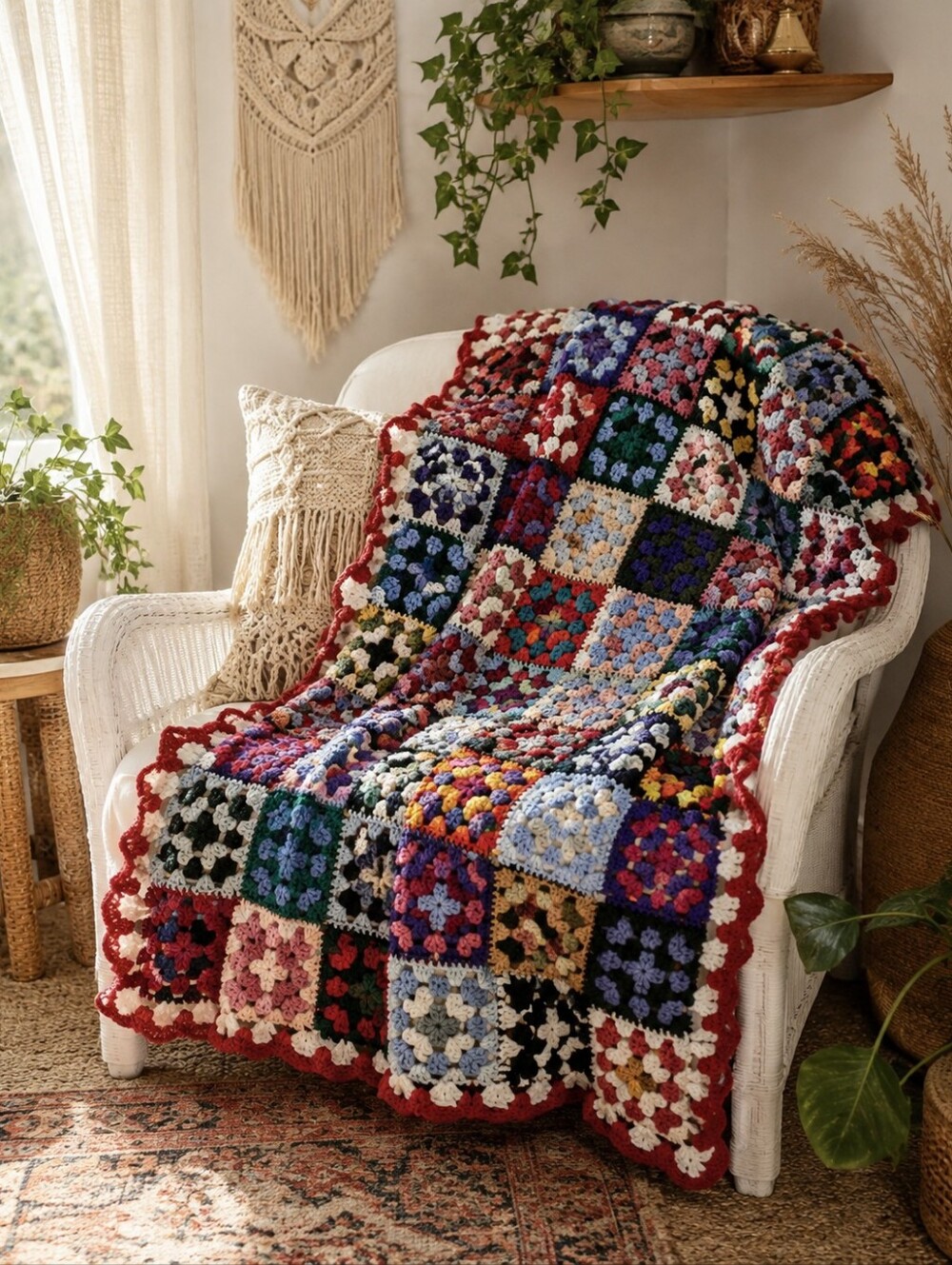 Handmade Multicolor Crochet Granny Square Throw Blanket - Lap Blanket